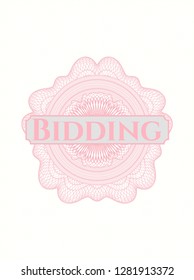 Pink passport style rosette with text Bidding inside