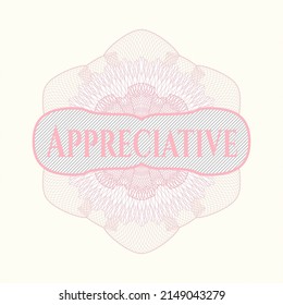 Pink passport style rosette with text Appreciative inside