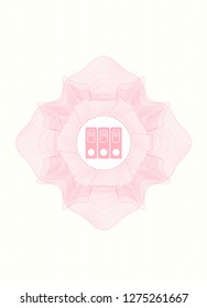 Pink passport style rosette with three folders icon inside