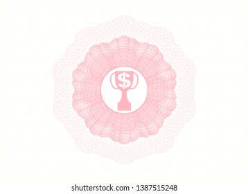 Pink passport style rosette with trophy with money symbol inside icon inside