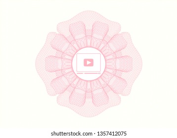 Pink passport style rosette with video player icon inside