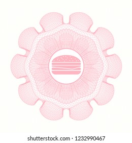 Pink passport style rossete with cheeseburger icon inside