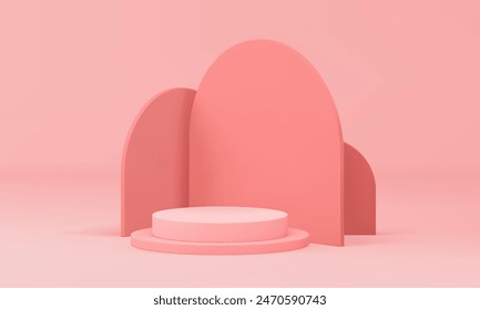 Pedestal de podio 3d pastel rosa con fondo de pared semicírculo para mostrar productos de Ilustración vectorial realista. Elegante escenario de cilindro de moda sala de exposición geométrica belleza femenina presentación cosmética