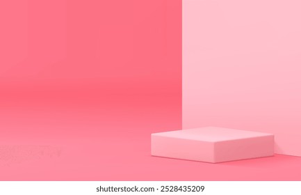 Pink pastel 3d podium with wall background showcase realistic vector illustration. Elegant feminine squared pedestal geometric display for product show commercial advertising promo space interior