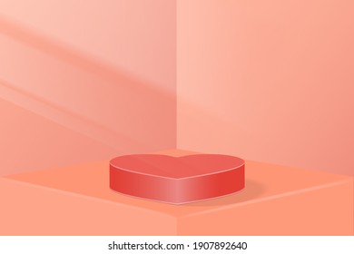 pink pastel 3d vector Background with Heart shaped podium and shadowsense, curve background podium platform shaped pink stage minimal style, cosmetics stand, valentine day, banner, sale, copy space