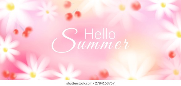 Pink pastel background with chamomile flowers, red berries, soft blurred white flowers, delicate abstract summer floral vector pattern in trendy style with blur effect
