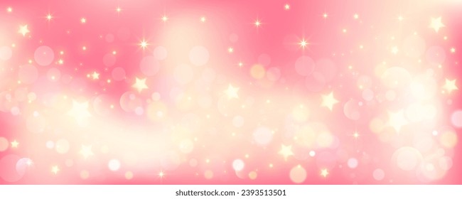 Pink pastel background with glitter and stars. Magic cute kawaii bokeh sky. Dreamy soft abstract backdrop. Vector