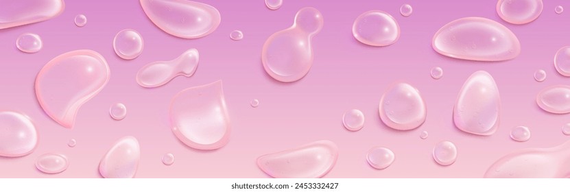 Pink pastel background with transparent water or gel drops. Realistic 3d vector illustration of bg with abstract serum liquid droplet. Clear surface with cosmetic cream or shampoo puddle and spill.