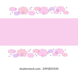  Pink pastel border with clouds and stars. Vector hand-drawn pink 3d  frame on a children's  sleeping theme. For greeting cards, invitation and packaging. Baby nursery decor.