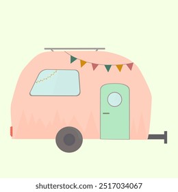 Furgoneta camper pastel rosa con ilustrador de banderín decorativo 