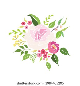 Pink pastel color bouquet, flat vector illustration, floral abstraction over white background, rose, flowers.