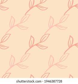 Pink pastel colored seamless pattern with simple outline leaves brnches elements. Nature doodle print. Decorative backdrop for fabric design, textile print, wrapping, cover. Vector illustration.