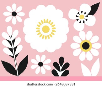 Pink pastel floral vector with flat black leaves and large daisy-style flowers. Decorative minimalist flower pattern.