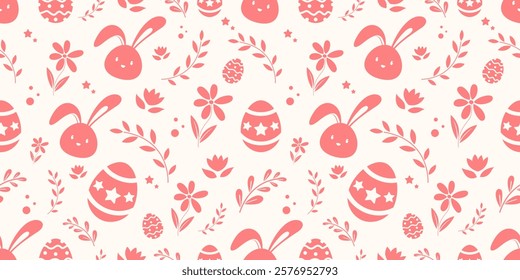 Pink pastel hand-drawn easter seamless pattern with bunnies, doodles, flowers, easter eggs, and beautiful backgrounds for Easter cards, textile and wallpaper