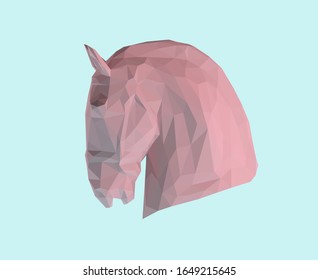 Pink Pastel Horse Profile on Isolated Blue Background. Low Poly Vector 3D Rendering