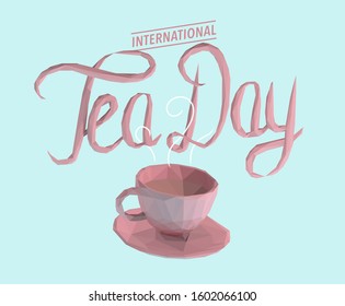 Pink Pastel International Tea Day Illustration on Isolated Blue Background. Low Poly Vector 3D Rendering