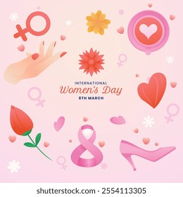 Pink pastel International Women's Day design with flowers, hearts, shoes, and symbols. Suitable for celebrating women's achievements and empowerment.
