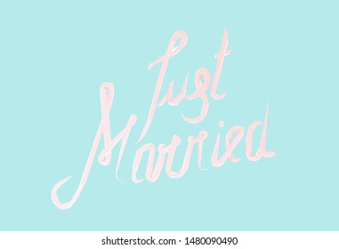 Pink Pastel Just Married Hand Lettering on Isolated Blue Background. Low Poly Vector 3D Rendering