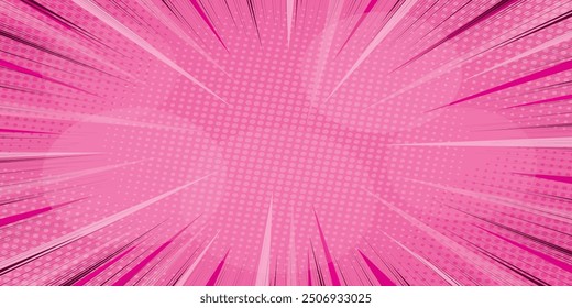 Pink pastel light rays background with halftone effect and stars in manga, comics style. Vector image of stage lights and spotlights, concert, holiday, surprise, Cartoon pop art burst rays pattern.