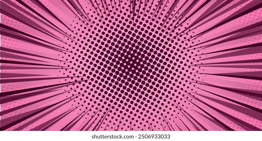 Pink pastel light rays background with halftone effect and stars in manga, comics style. Vector image of stage lights and spotlights, concert, holiday, surprise, Cartoon pop art burst rays pattern.