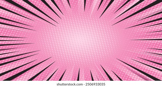 Pink pastel light rays background with halftone effect and stars in manga, comics style. Vector image of stage lights and spotlights, concert, holiday, surprise, Cartoon pop art burst rays pattern.