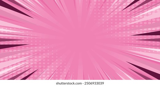 Fondo de rayos de luz pastel rosa con efecto de semitono y estrellas en manga, estilo de cómics. Vector Imagen de luces de escenario y focos, concierto, vacaciones, sorpresa, patrón de rayos de ráfaga de arte pop de dibujos animados.