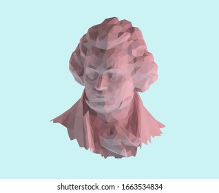 Pink Pastel Ludwig van Beethoven on Isolated Blue Background. Low Poly Vector 3D Rendering