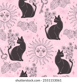 Pink Pastel Modern Tattoo Style Seamless Pattern with Suns, Black Cats, Flowers, and Monstera Plants. Vector background