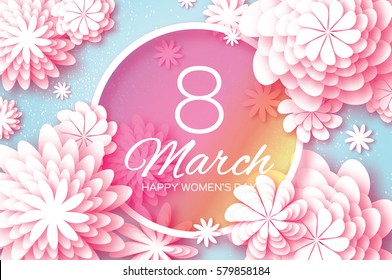 Pink Pastel Paper Cut Flower. 8 March. Women's Day Greeting card. Origami Floral bouquet. Circle frame. Space for text on blue background. Happy Mother's Day. Vector Spring seasonal  illustration