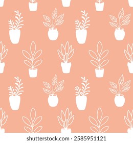 Pink pastel pattern with indoor plants in flowerpots, cozy home, recreation area, relaxation, remote work, comfortable conditions. Vector illustration