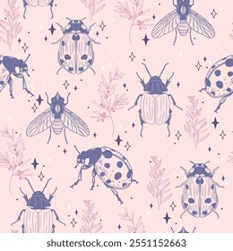 Pink Pastel Pattern with Ladybugs, Flies, Bugs, and Plants – Cute Hand-Drawn Vector background