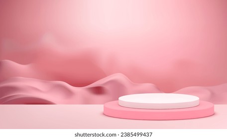 Pink pastel podium with sand dune desert smoke wall background for beauty promo realistic vector illustration. Neutral elegant feminine cylinder pedestal savannah display for cosmetic presentation