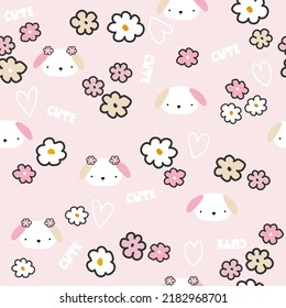 Pink pastel seamless pattern with dogs and flowers. Childish cute print. Vector hand drawn illustration.