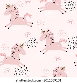 Pink pastel seamless pattern with unicorn. Kids trendy print. Vector hand drawn illustration.