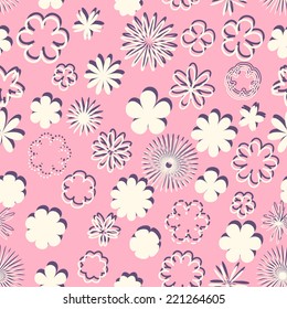 Pink pastel  seamless pattern with a variety of paper flowers with shadow