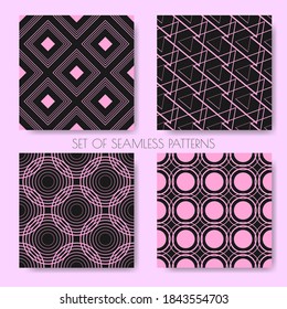 Pink pastel set of seamless patterns on a black background.