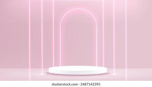 Pink pastel showroom interior with empty white cylinder product podium and neon glow arch and line decorative elements. Realistic 3d vector illustration of minimal presentation layout with platform.