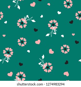 Pink Pastel of small heart create a beautiful flowers blowing in the wind seamless pattern in vector design for fashion,wallpaper,web,fabric and all prints on green mint background color