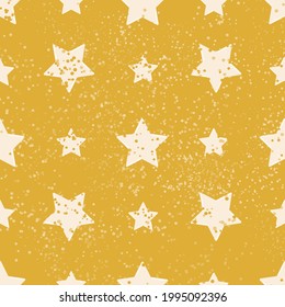 Pink pastel stars on a yellow background. Seamless patterns with grunge texture. Print for modern fabrics, throw pillows, wrapping paper. Vector.