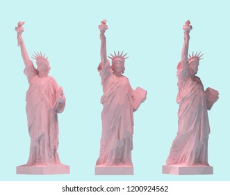 Pink Pastel Statue of Liberty Set, New York landmark, American symbol Vector 3D Rendering