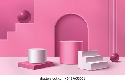 Pink pastel studio room interior with stair, cylinder product podium, decorative ball and arch. Realistic 3d vector illustration of empty goods display and presentation stage mockup.