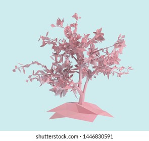 Pink Pastel Tree on Isolated Blue Background. Low Poly Vector 3D Rendering