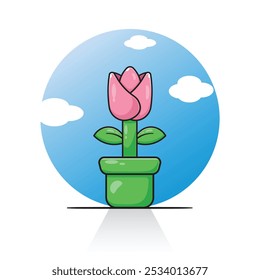 Pink pastel tulip flower cartoon vector on sunny morning background. blooming blossom bright tulip spring flower with beautiful background scenery