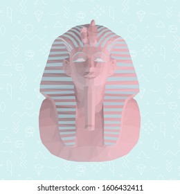 Pink Pastel Tutankhamun Burial Mask on Isolated Blue Background. Low Poly Vector 3D Rendering