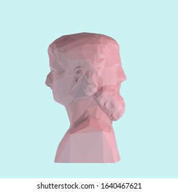 Pink Pastel Two-faced Janus, Greek God of Time on Isolated Blue Background. Low Poly Vector 3D Rendering