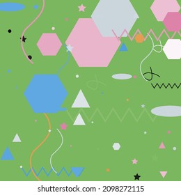 Pic De Diseño De Vectores De Líneas De Zigzag Rosadas Pastel. Diseño Geométrico Moderno del Triángulo Verde Plateado Oval. Calmo Polígono Azul Caos Fondo Hipster Moderno. Color Naranja Sombra El Patrón De Arte Moderno.
