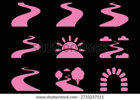 Pink paths and scenery icons road winding