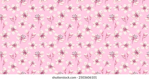 Pink pattern with abstract artistic florals. Vector hand drawing. Ditsy tiny flowers and small buds seamless background. Designs ornaments for print, textiles, fabric, cover