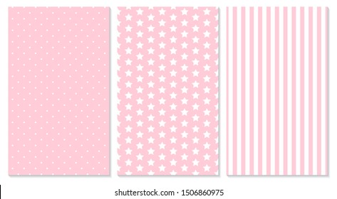 Pink pattern. Baby background. Vector illustration. Polka dot, stripes, stars pattern.