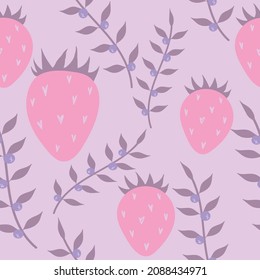 Pink pattern with berries on a branch and cute strawberries with hearts. Vector seamless background.
